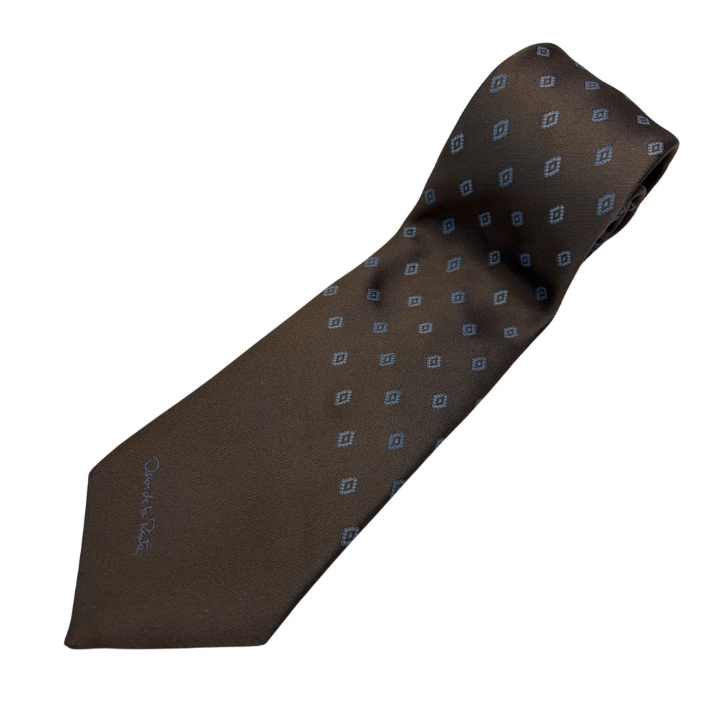 Oscar de‎ la Renta Mens Brown Blue Geometric Diamond Silk Blend Necktie USA Made - Picture 3 of 9
